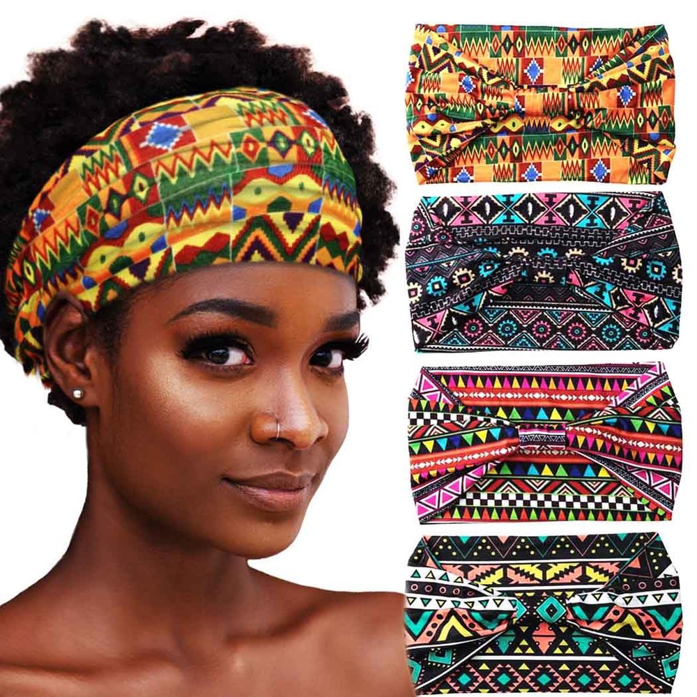 Aceorna African Headbands Boho Knotted Hairbands Stretch Wide Head Wraps Elastic Yoga Turban Hair Scarfs Workout Printed Hair Accessories for Women Pack of 4 (Style D)