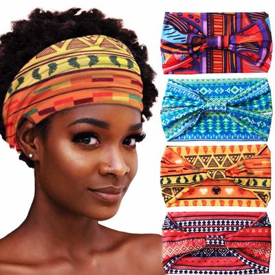 Aceorna African Headbands Boho Knotted Hairbands Stretch Wide Head Wraps Elastic Yoga Turban Hair Scarfs Workout Printed Hair Accessories for Women Pack of 4 (Style B)