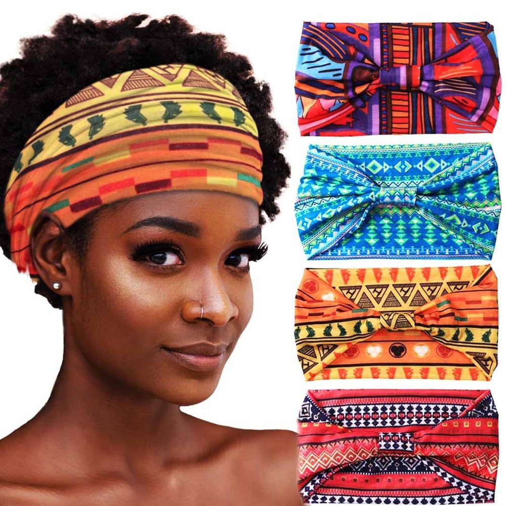Aceorna African Headbands Boho Knotted Hairbands Stretch Wide Head Wraps Elastic Yoga Turban Hair Scarfs Workout Printed Hair Accessories for Women Pack of 4 (Style B)