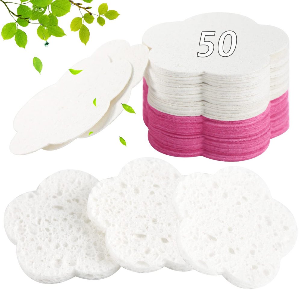 50-Count Facial Sponges Compressed Facial Sponges Natural Facial Cleansing Sponges Pads Cute Flower Shape Exfoliating Sponges for Cleansing Reusable,Best Makeup Gift, White+Pink
