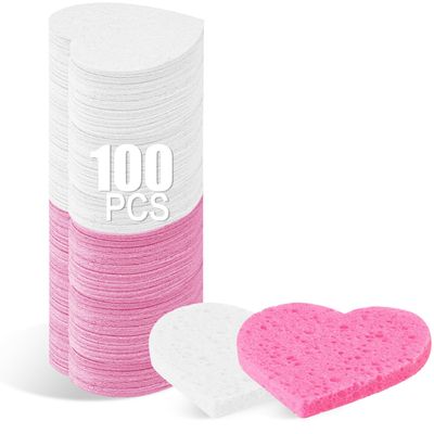 100-Count Compressed Facial Sponges for Estheticians Heart Shape Natural Cellulose Sponge Cosmetic Spa Sponges for Face Cleansing, Massage, Pore Exfoliating, Mask, Makeup Removal, White+Pink