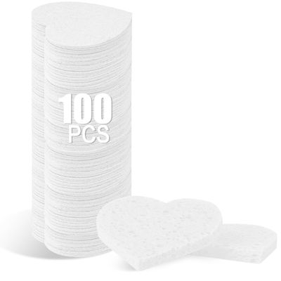 100-Count Compressed Facial Sponges for Estheticians Heart Shape Natural Cellulose Sponge Professional Cosmetic Spa Sponges for Face Cleansing, Massage, Pore Exfoliating, Mask, Makeup Removal, White