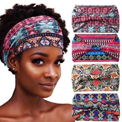 Aceorna African Headbands Boho Knotted Hairbands Stretch Wide Head Wraps Elastic Yoga Turban Hair Scarfs Workout Printed Hair Accessories for Women Pack of 4 (Style C)