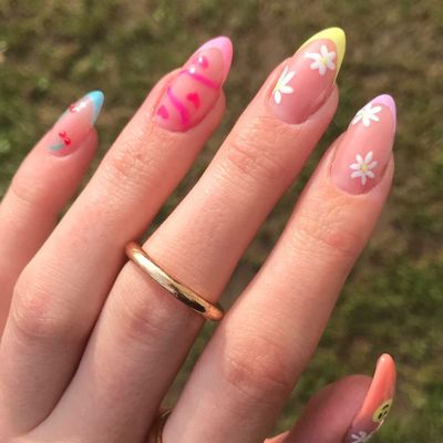 GLAMERMAID Light Colorful Rainbow Press on Nails Medium Almond, Tie Dye Jelly Soft Gel False Nals, Stiletto Glue on Nails Kit for Women, Reusable Short Oval Stick on Acrylic Fake Nails Manicure Set