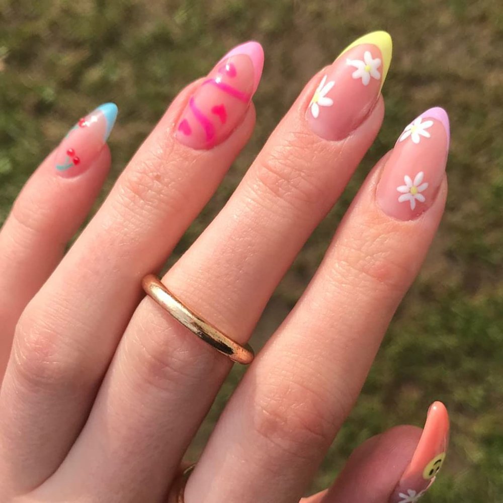 GLAMERMAID Light Colorful Rainbow Press on Nails Medium Almond, Tie Dye Jelly Soft Gel False Nals, Stiletto Glue on Nails Kit for Women, Reusable Short Oval Stick on Acrylic Fake Nails Manicure Set