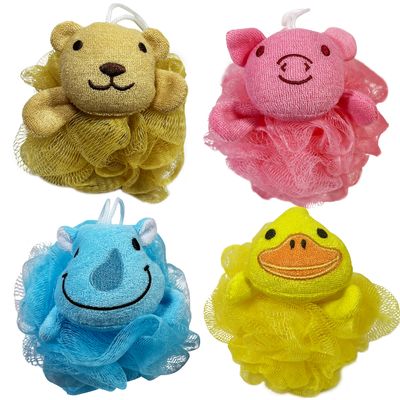 Bleu Bath (4 Pack) Lovely Animal Design Kids Exfoliating Bath Scrubber Body Scrubber Shower Ball for Baby Toddler Kids Gentle Exfoliating Bath Sponge Loofah Pouf in Colorful Design (Joyful TERRICOLE)
