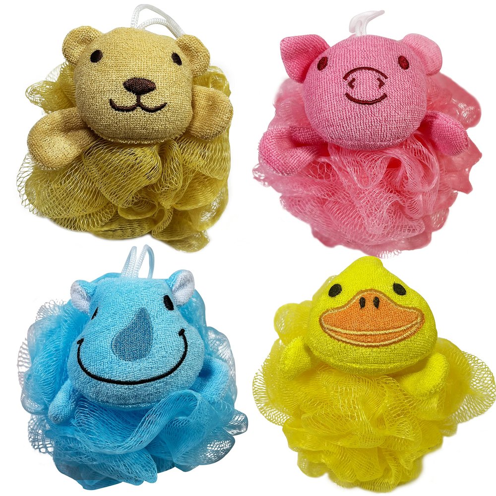 Bleu Bath (4 Pack) Lovely Animal Design Kids Exfoliating Bath Scrubber Body Scrubber Shower Ball for Baby Toddler Kids Gentle Exfoliating Bath Sponge Loofah Pouf in Colorful Design (Joyful TERRICOLE)