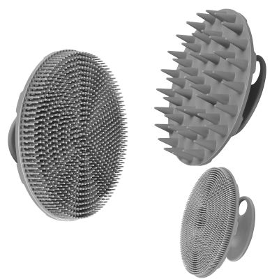 INNERNEED Food-Grade Soft Silicone Body Scrubber Shower Brush, with Handheld Facial Cleansing Skin Brush, with Scalp Massager Shampoo Brush (Gray)