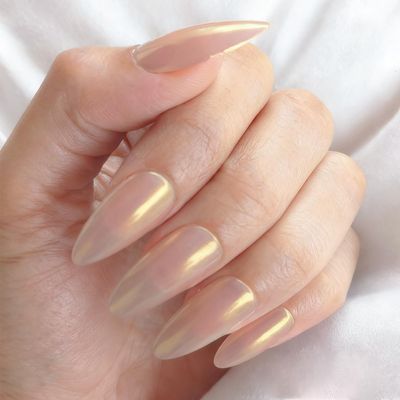 GLAMERMAID Chrome Press On Nails Medium Almond, White Handmade Metal Fake Nails Stiletto, Glitter Glazed Donut False Nail Short Oval, Glossy Natural Reusable Acrylic Stick Glue on Nails Kit for Women