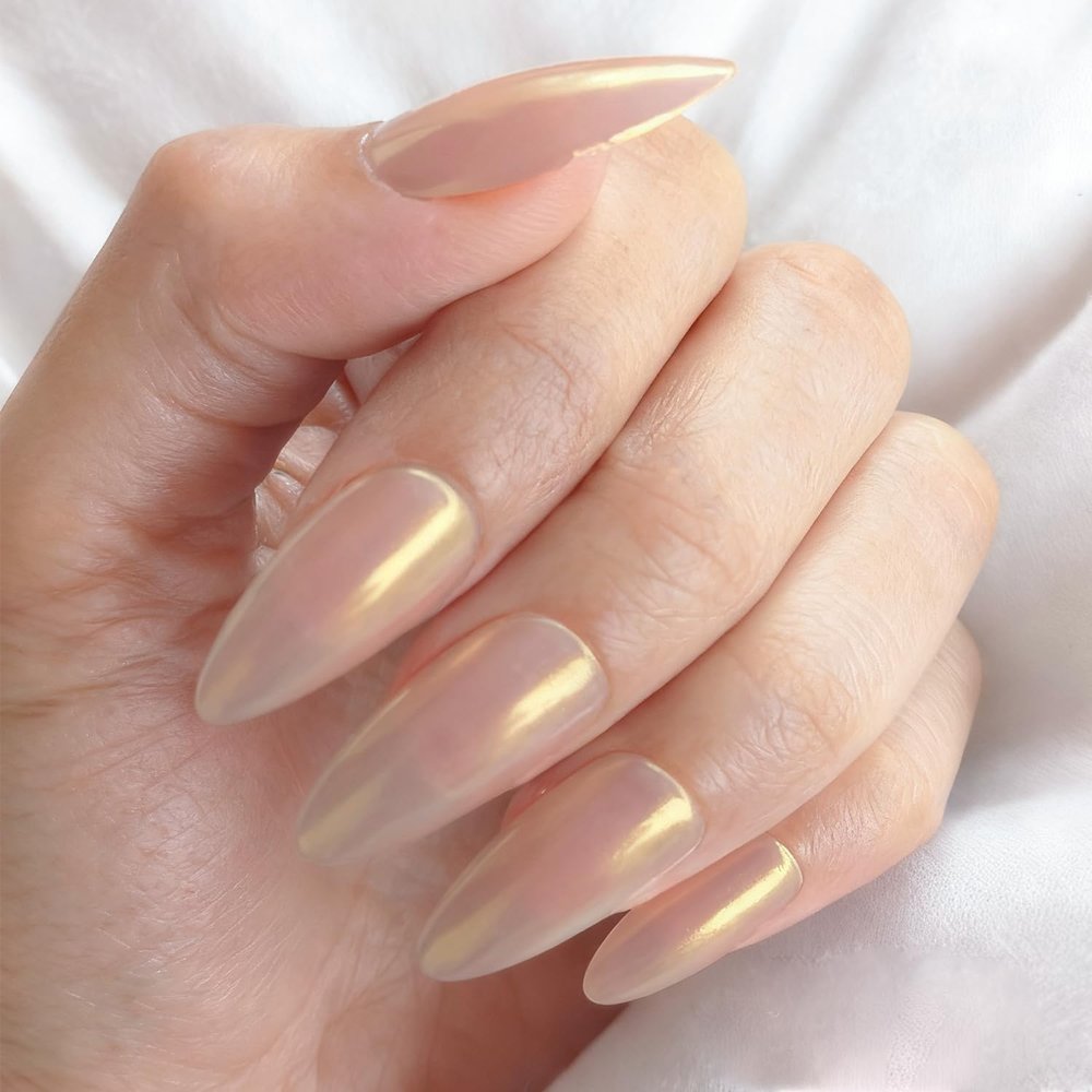 GLAMERMAID Chrome Press On Nails Medium Almond, White Handmade Metal Fake Nails Stiletto, Glitter Glazed Donut False Nail Short Oval, Glossy Natural Reusable Acrylic Stick Glue on Nails Kit for Women