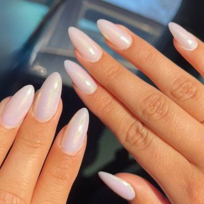 GLAMERMAID Press on Nails Medium Almond, Spring Handmade Shimmer White Pearl Gel Glue on Nail, Glossy Short Stiletto Reusable Pink Fake Nails Acrylic False Nails Manicure Kits for Women
