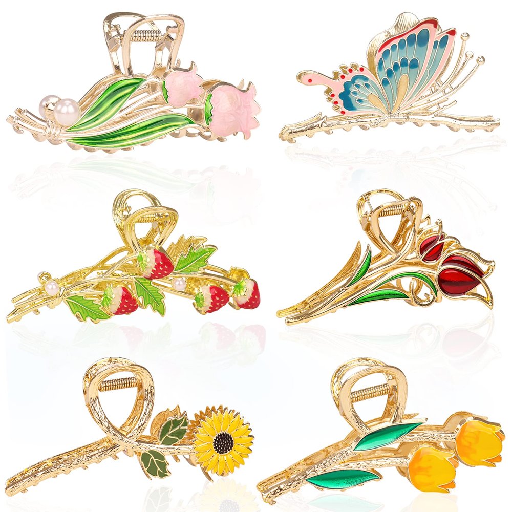 6 Pcs Metal Flower Tulip Clips with Strong Hold for Long, Thick & Curly Hair - Cute Strawberry, Butterfly Jaw Hair Clamps for Fashion & Big Hair Styles - For Women and Girls
