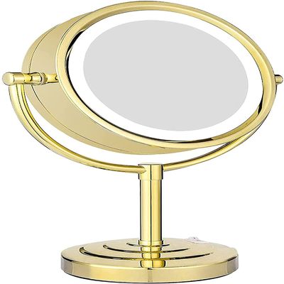 8.5 Inch Tabletop LED Lighted Makeup Mirror with Magnification, Gold Finish Double Sided Brass Desk Vanity Mirror, Plug Powered,10x