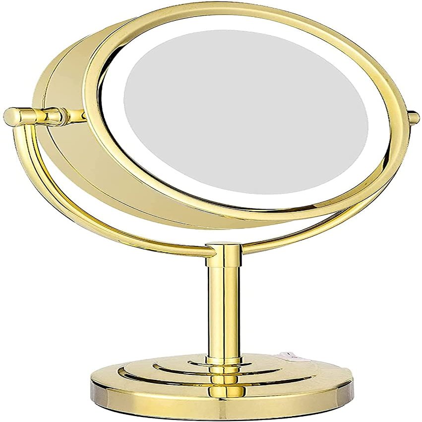 8.5 Inch Tabletop LED Lighted Makeup Mirror with Magnification, Gold Finish Double Sided Brass Desk Vanity Mirror, Plug Powered,10x