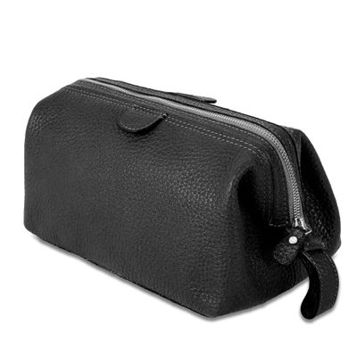 KomalC Large Premium Leather toiletry bag for Men and Women, travel utility Dopp kit wash bag (Black)