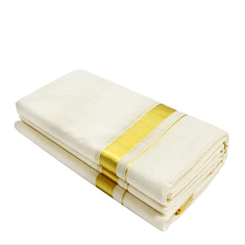 AYUS Pure Cotton Dhotie/Mundu, Cream/Golden, 3.8 MTR