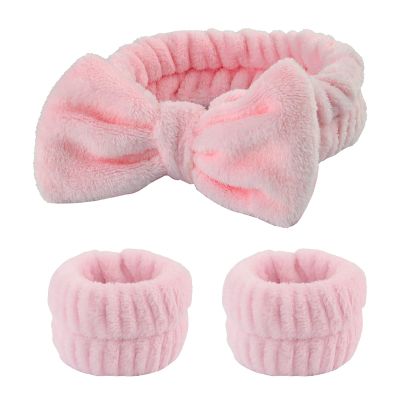 3Pcs Spa Headband Wrist Washband Scrunchies Cuffs for Washing Face, Makeup Prevent Liquids from Spilling, Hair Headband Face Wash Wristband Towel Wristbands for Women (Pink)