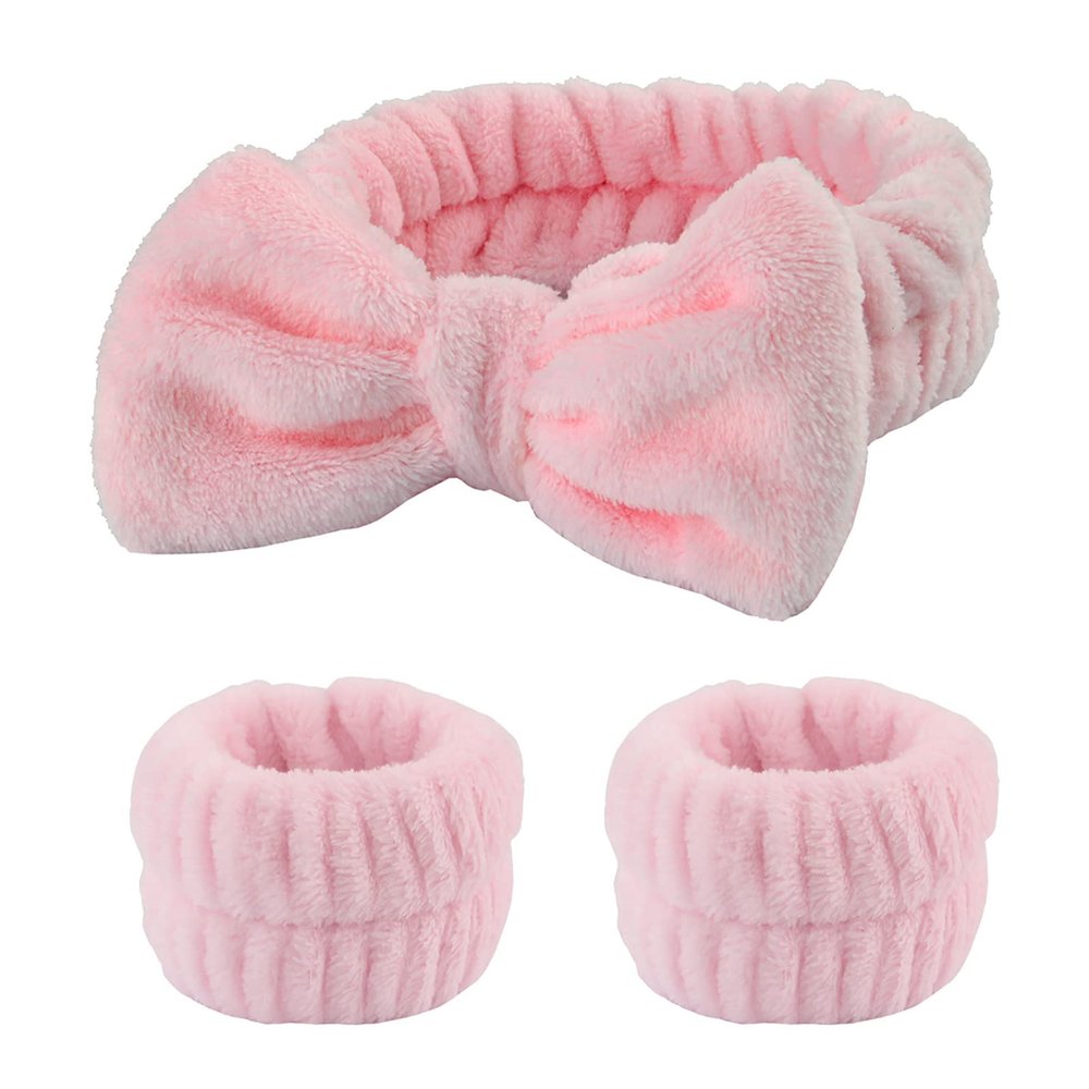 3Pcs Spa Headband Wrist Washband Scrunchies Cuffs for Washing Face, Makeup Prevent Liquids from Spilling, Hair Headband Face Wash Wristband Towel Wristbands for Women (Pink)