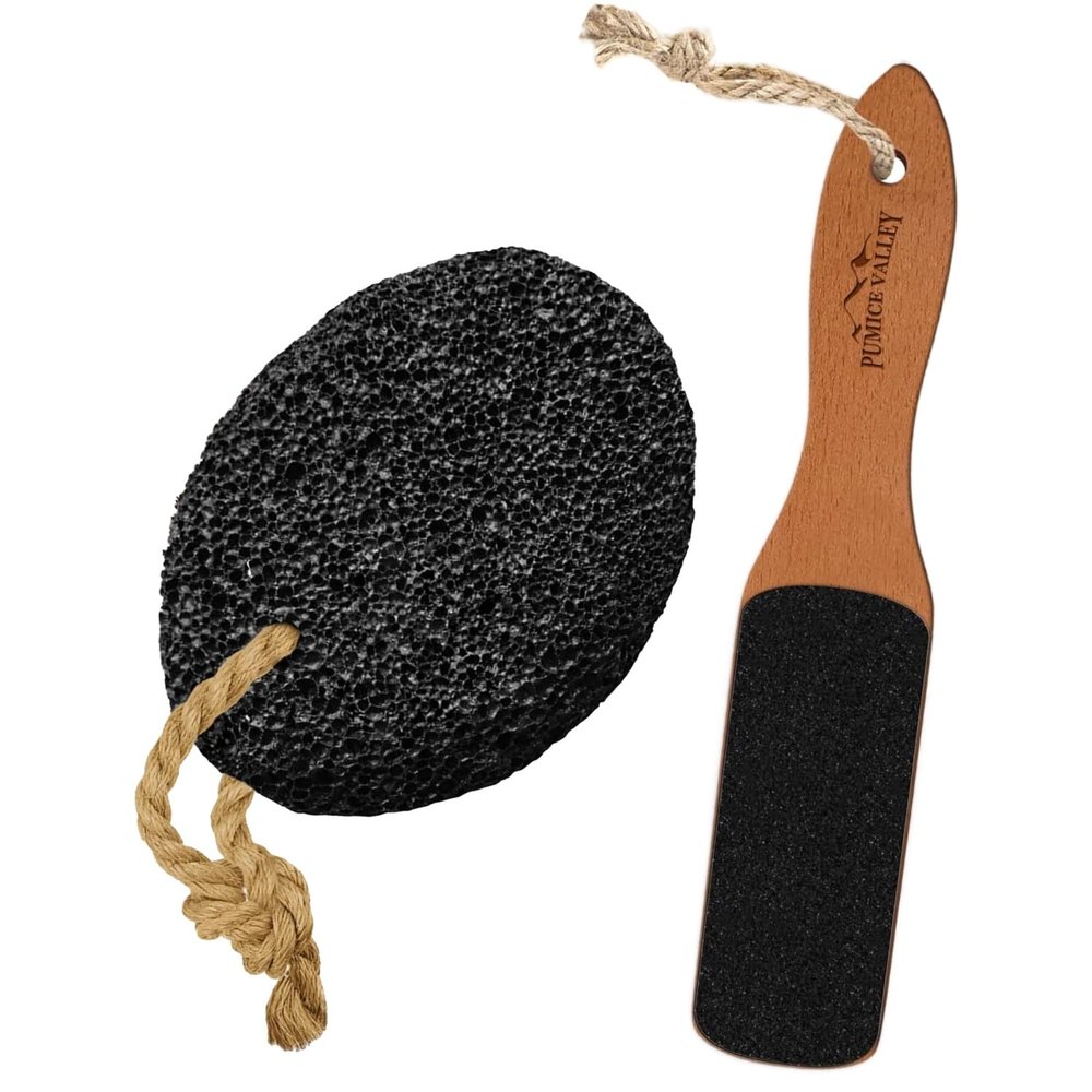 Foot File with Handle Pumice Stone for Dry Dead Skin - Callus Remover for Feet Double- Pumice Stone - Natural Earth Lava Black - Callus/Corn Remover for Feet Heels and Palm