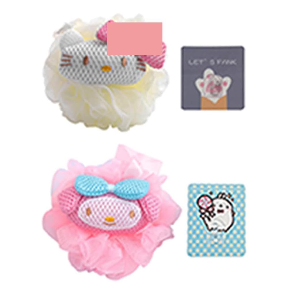 2 Pack Anime Bath Shower Loofah Sponges Pink Exfoliating Loofah Cute Body Loofah Sponge Womens Cute Shower Loofah Cute Cleaning Sponges Pop Anime Cat Rabbit Cartoon Cleaning Sponges with Hooks Kit