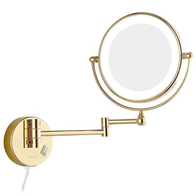 8 Inch Gold Makeup Mirror, Double Sided Magnification Mirror with LED Light, Bathroom Extendable Wall-Mounted Vanity Shaving Mirror with Switch Plug (Color : 3X)