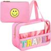 Chenille Letter Cosmetic Bag Set Nylon PVC Clear Waterproof Makeup Pouch Preppy Patch Travel Bag Zipper Multi Purpose Preppy Toiletry Organizer for Women Girls, Gym, Travel, Beach (7.1*5.1 inch,pink) view 1