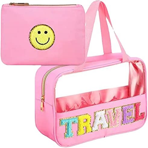 Chenille Letter Cosmetic Bag Set Nylon PVC Clear Waterproof Makeup Pouch Preppy Patch Travel Bag Zipper Multi Purpose Preppy Toiletry Organizer for Women Girls, Gym, Travel, Beach (11.8*3.9*8.3 inch,pink)