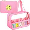 Chenille Letter Cosmetic Bag Set Nylon PVC Clear Waterproof Makeup Pouch Preppy Patch Travel Bag Zipper Multi Purpose Preppy Toiletry Organizer for Women Girls, Gym, Travel, Beach (11.8*3.9*8.3 inch,pink) view 1