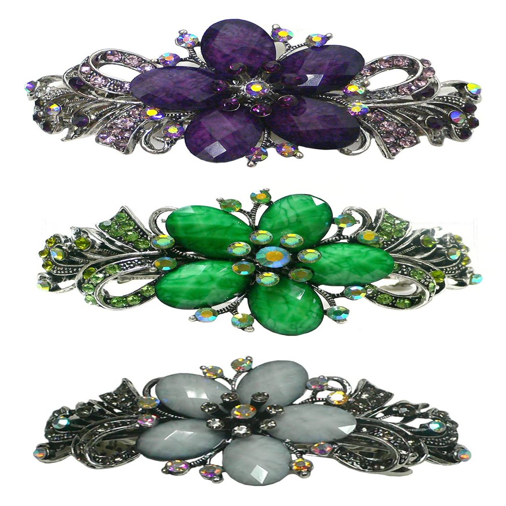 Set of 3 jcgy Large Barrettes Sparkly Crystals Thick Hair Hairclips for Women 0052-3purpleGrnOWcAB