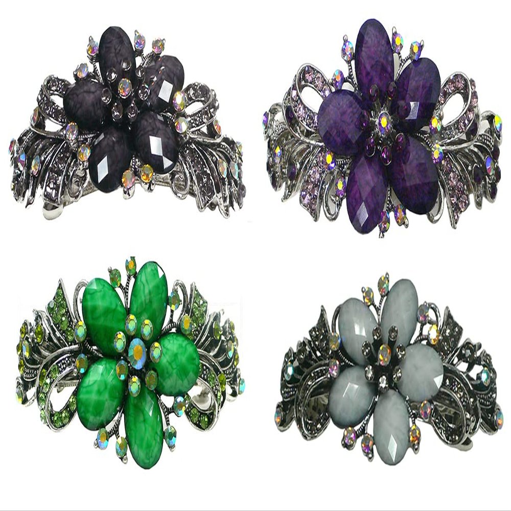 Set of 4 jcgy Combo 3 Styles Large Crystal Thick Hair Barrettes for Women 0052-4darkTaupePurpleGreenOWcABcenter