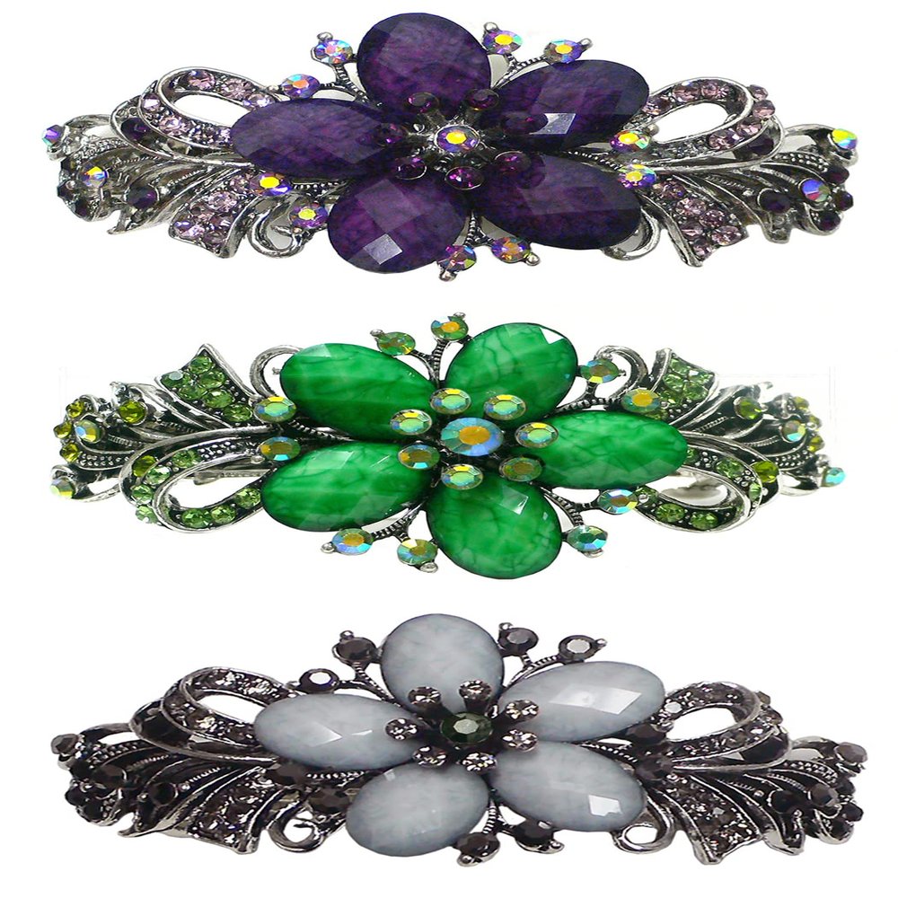 Set of 3 jcgy Large Barrettes Sparkly Crystals Thick Hair Hairclips for Women 0052-3purpleGrnOWjetCtr
