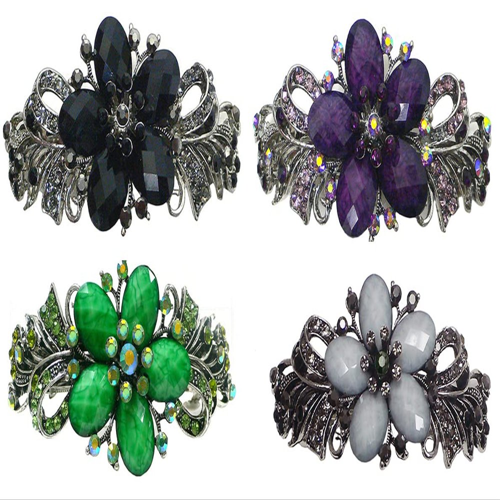 Set of 4 jcgy Combo 3 Styles Large Crystal Thick Hair Barrettes for Women 0052-4jetPurpleGreenOWjetCtr