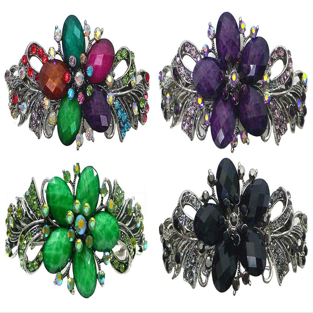 Set of 4 jcgy Combo 3 Styles Large Crystal Thick Hair Barrettes for Women 0052-4multiPurpleGreenJet