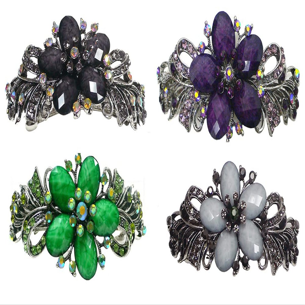 Set of 4 jcgy Combo 3 Styles Large Crystal Thick Hair Barrettes for Women 0052-4darkTaupePurpleGreenOCjetCtr