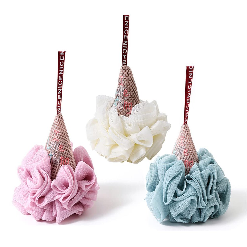 Set of 3-Ice Cream Styling Loofah Bath Sponge 60g/PieceSoft Exfoliating Shower Lufa for Silky Skin - Long-Handle Mesh Body Poufs- Women and Mens Luffas - Loufa Sponges- Full Cleanse & Lather