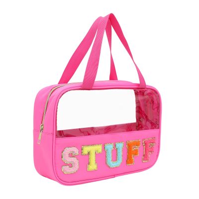 BCRMPT Chenille Letter Patch Clear Bag,Preppy Multi-purpose PVC&Nylon Clear Makeup Bag with Handles,Large Travel Makeup Toiletry Storage Zipper Pouch, Tote Bag for Women (Rose Red-STUFF)