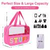 BCRMPT Chenille Letter Patch Clear Bag,Preppy Multi-purpose PVC&Nylon Clear Makeup Bag with Handles,Large Travel Makeup Toiletry Storage Zipper Pouch, Tote Bag for Women (Rose Red-STUFF) view 3