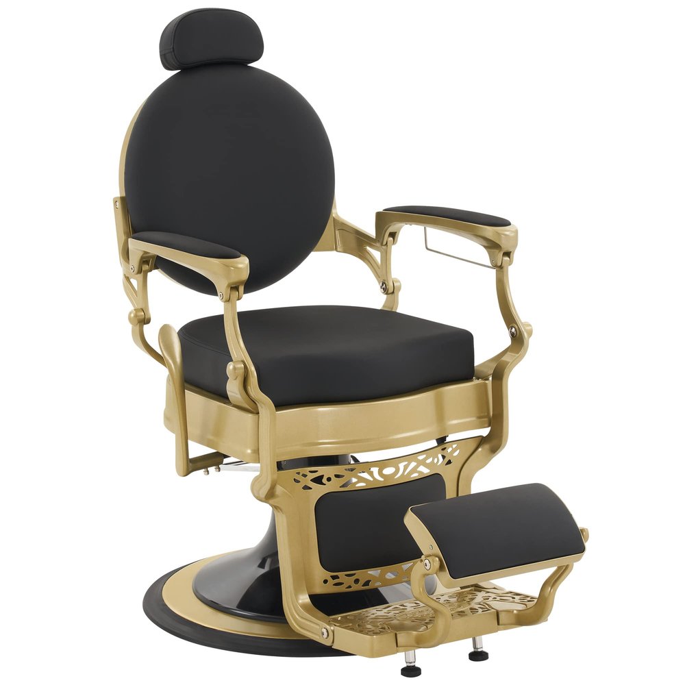 BarberPub Vintage Barber Chair All Purpose Hydraulic Recline, Heavy Duty Metal Frame Retro Salon Beauty Spa Equipment 8857 (Gold Frame & Black Leather)
