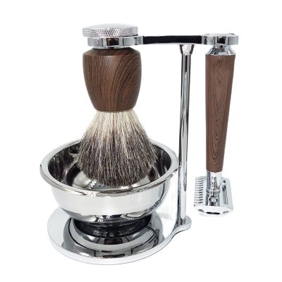 Magyfosia Professional Shaving Set for Men,Include Wet Shave Beard Safety Razor,10 Razor Blades,Rosewood Grain Handle Badger Hair Salon Shave Brush and Bowl Stand -Unique Gift for Father's Day