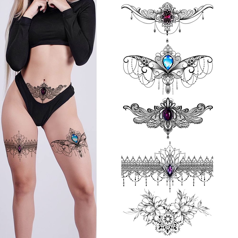 Roarhowl Lace Tattoos, Large Sexy Temporary Tattoo Set, Temporary Tattoos For Women, Belly Back Waist Thigh Body Art Fake Tattoos (Set 1)