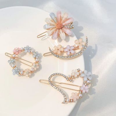 4 Rhinestone Hair Clips for Women Girls, Decorative Bobby Pins, Glitter Crystal Flower Hairpin, Handmade Metal Barrettes Hair Jewelry Wedding Accessories Set (Gold)