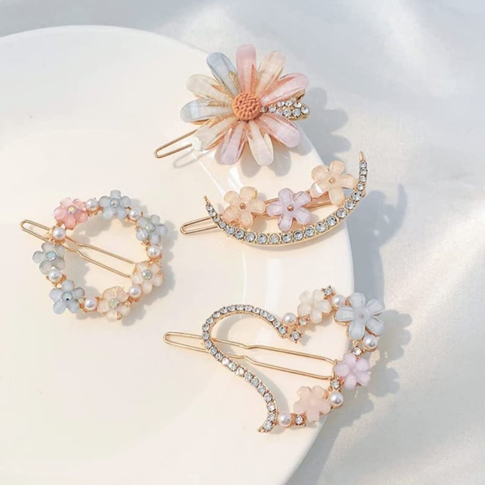 4 Rhinestone Hair Clips for Women Girls, Decorative Bobby Pins, Glitter Crystal Flower Hairpin, Handmade Metal Barrettes Hair Jewelry Wedding Accessories Set (Gold)