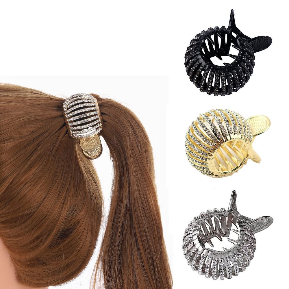 3 Pack Rhinestone Hairclips, Small Hair Clips for High Ponytail, Ponytail Buckle Hair Clip Nonslip Metal High Ponytail Claw Clip,Strong Hold for Thick Hair