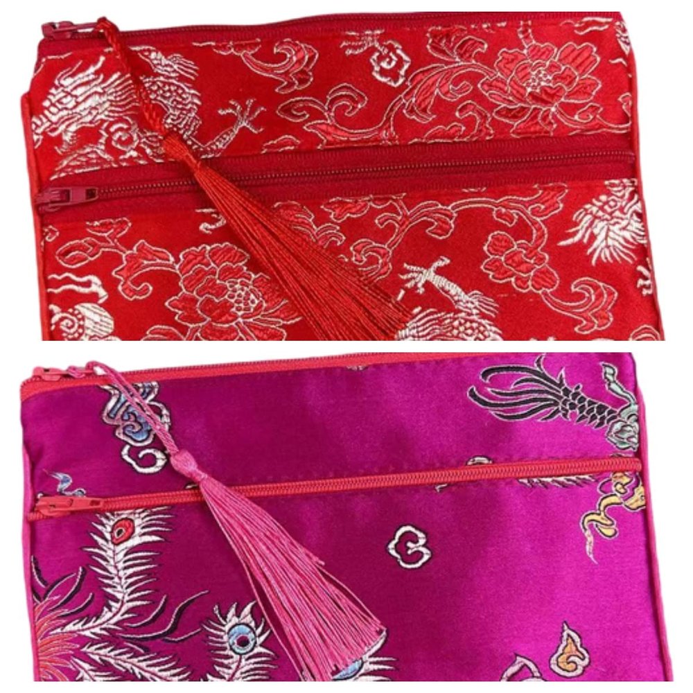 2pcs Tassel Travel Two Zipper Purse Jewelry Makeup Pouch Bags Chinese Silk Brocade Storage Bags Jewellery Cosmetic Cell Phone (fuchsia and red (2 pcs Pattern Random))