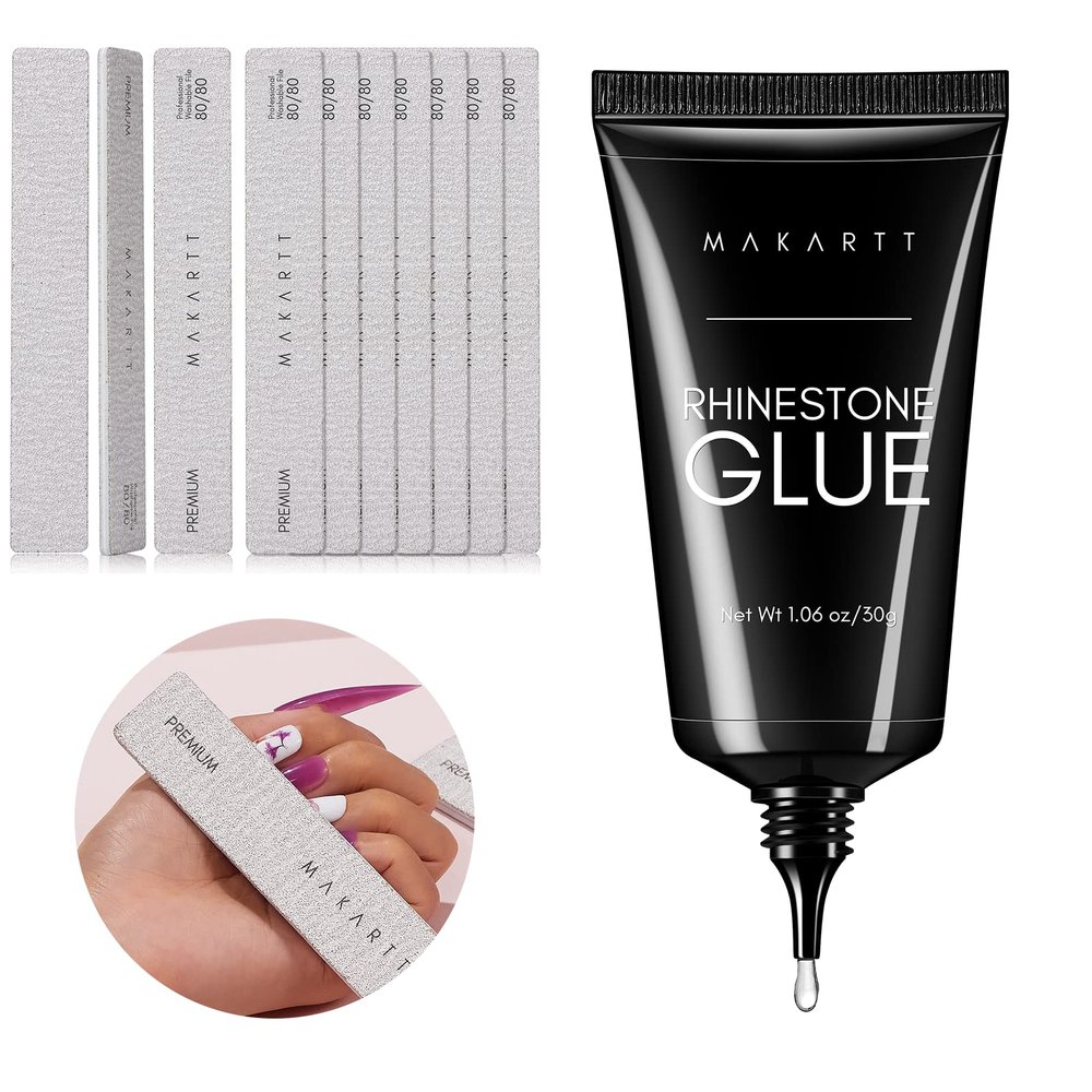 Makartt Nail Rhinestone Glue for Nails, Gel Nail Glue Bundle with Nail File 80 80 Grit Emery Boards for Nails 10pcs Nail Files