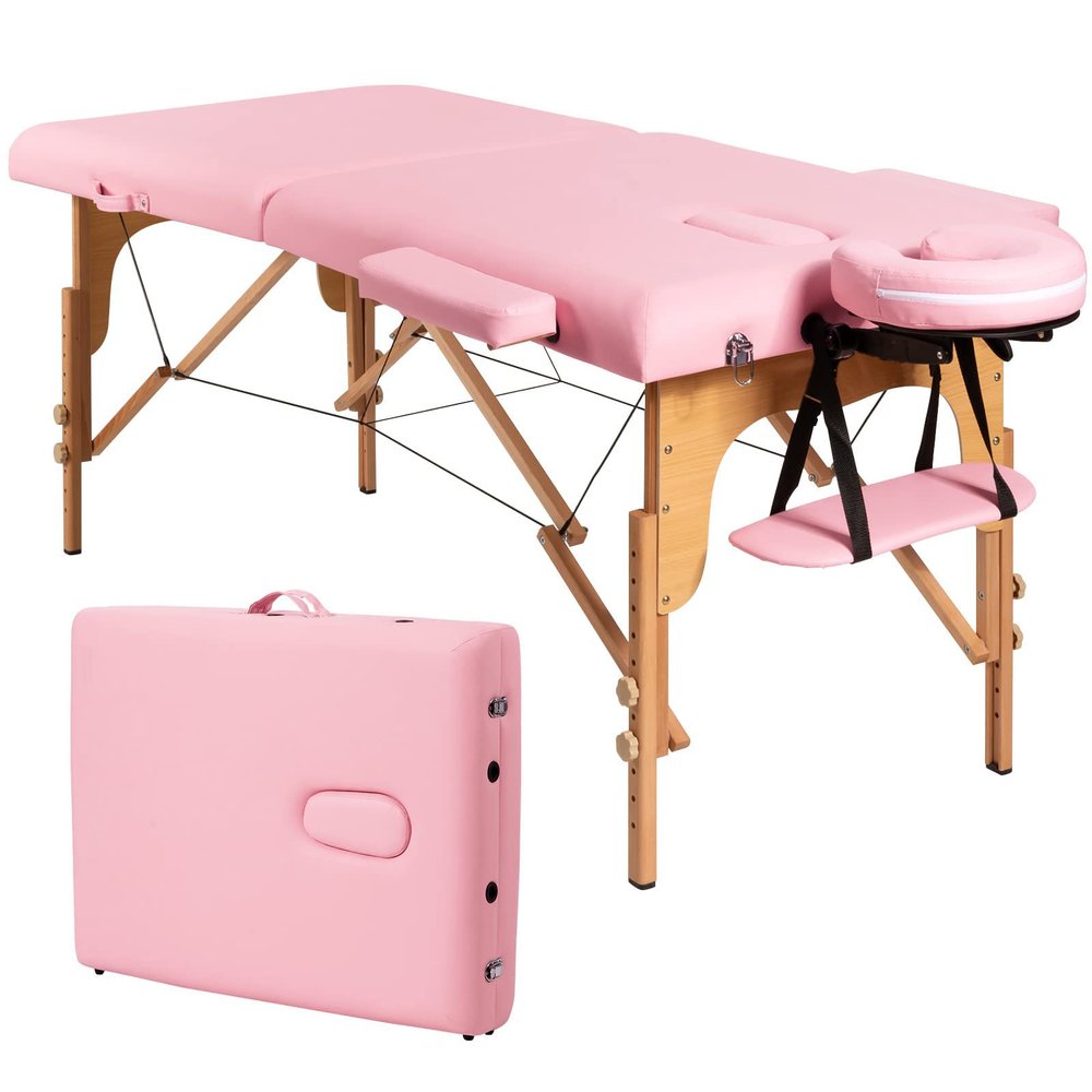 WELLHUT Massage Table 84 Inches Long Portable Massager Spa Lash Bed for Eye Extensions 2 Folding Tattoo Bed Height Adjustable Facial Cradle Salon Tables with Carrying Case, Pink