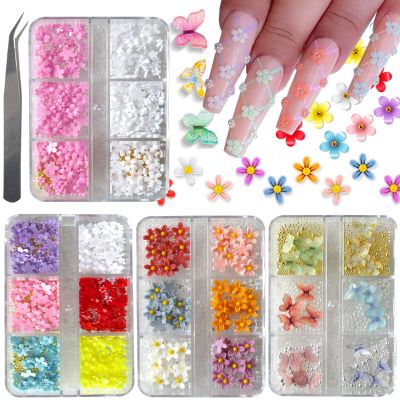 LoveOurHome 3D Flower Nail Art Charms Colorful Blossom Floral Butterfly Accessories Gold Pearl Caviar Beads Jewelry Acrylic Nails Supplies for Tech Manicure Tips DIY Crafts Makeup