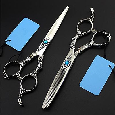 Hair Cutting Scissors, 6 inch Professional japan 440c Sun flower hair scissors cutting barber salon curved thinning shears hairdressing scissors (Color : Set)