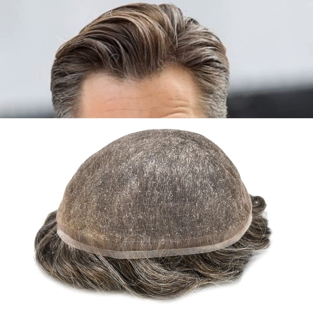 Toupee for Men Human Hair Replacement Systems Full French Lace Hair Systems Swiss Lace Toupee Hairpieces Bleached Knots Male All Lace Men Hair Units 8X10"-100% density#350 Dark Brown with 50% Gray