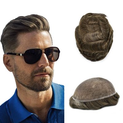 Toupee for Men Human Hair Replacement Systems Full French Lace Hair Systems Swiss Lace Toupee Hairpieces Bleached Knots All Lace Male Wig Unit 7X9"-120% density#420 Medium Brown with 20% Gray